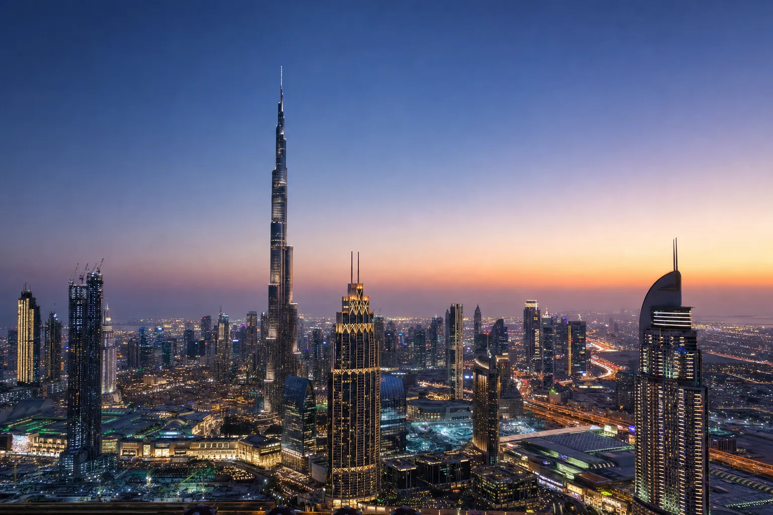 Downtown Dubai skyline at blue hour