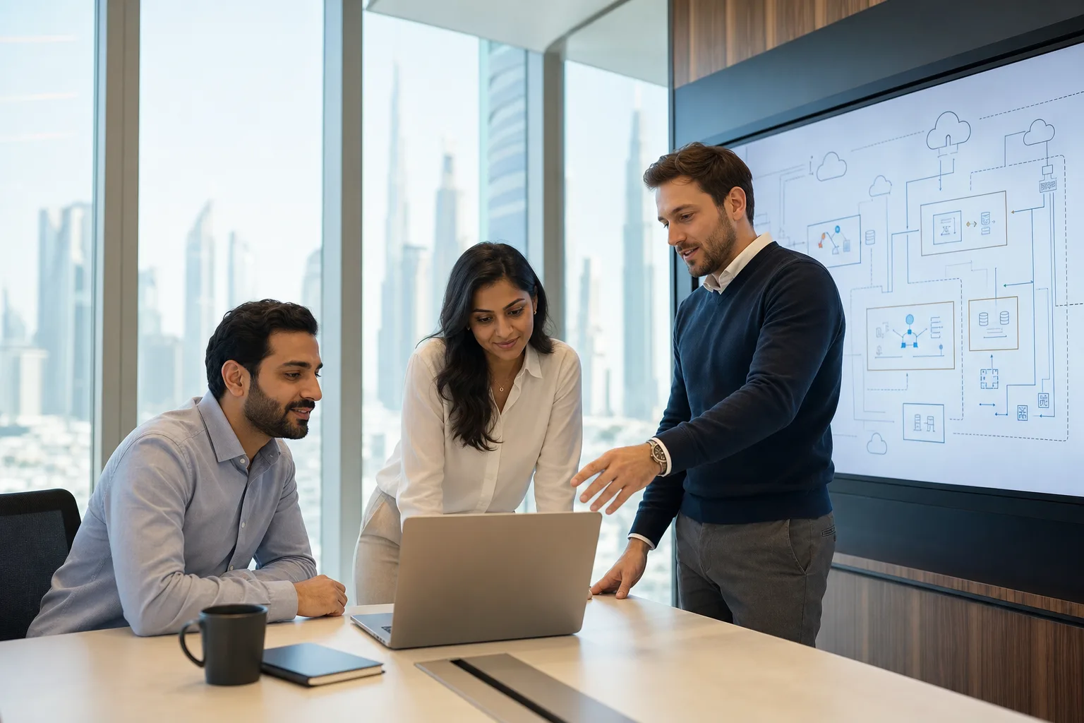NotionAce consultants reviewing a cloud architecture in a Dubai office