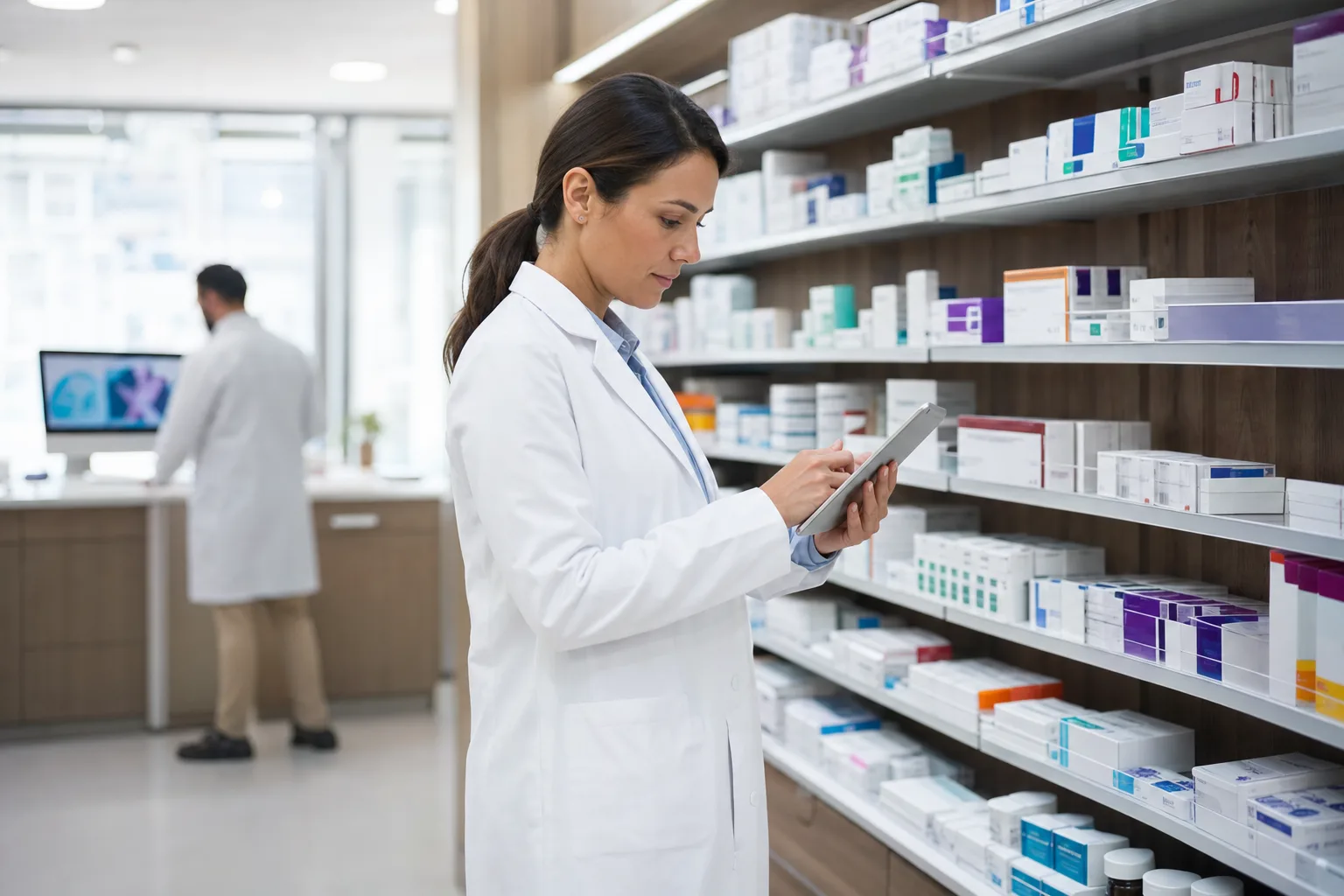 Pharmacist checking inventory on a tablet